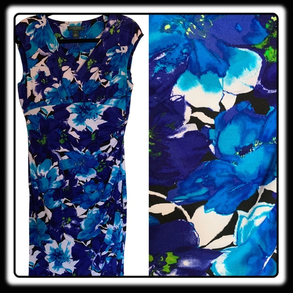 Lauren Blue dress with turquoise and white floral pattern V-Neck Sz 14